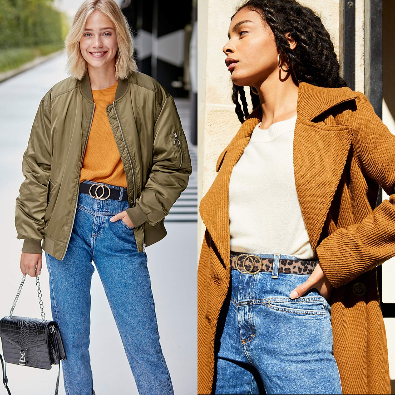 2 Pack Women Leather Belts for Jeans Pants,WERFORU Ladies Plus Size Waist Belts with Double O-Ring Buckle,Suit for Pants Size 26-30 Inches,Black+Leopard