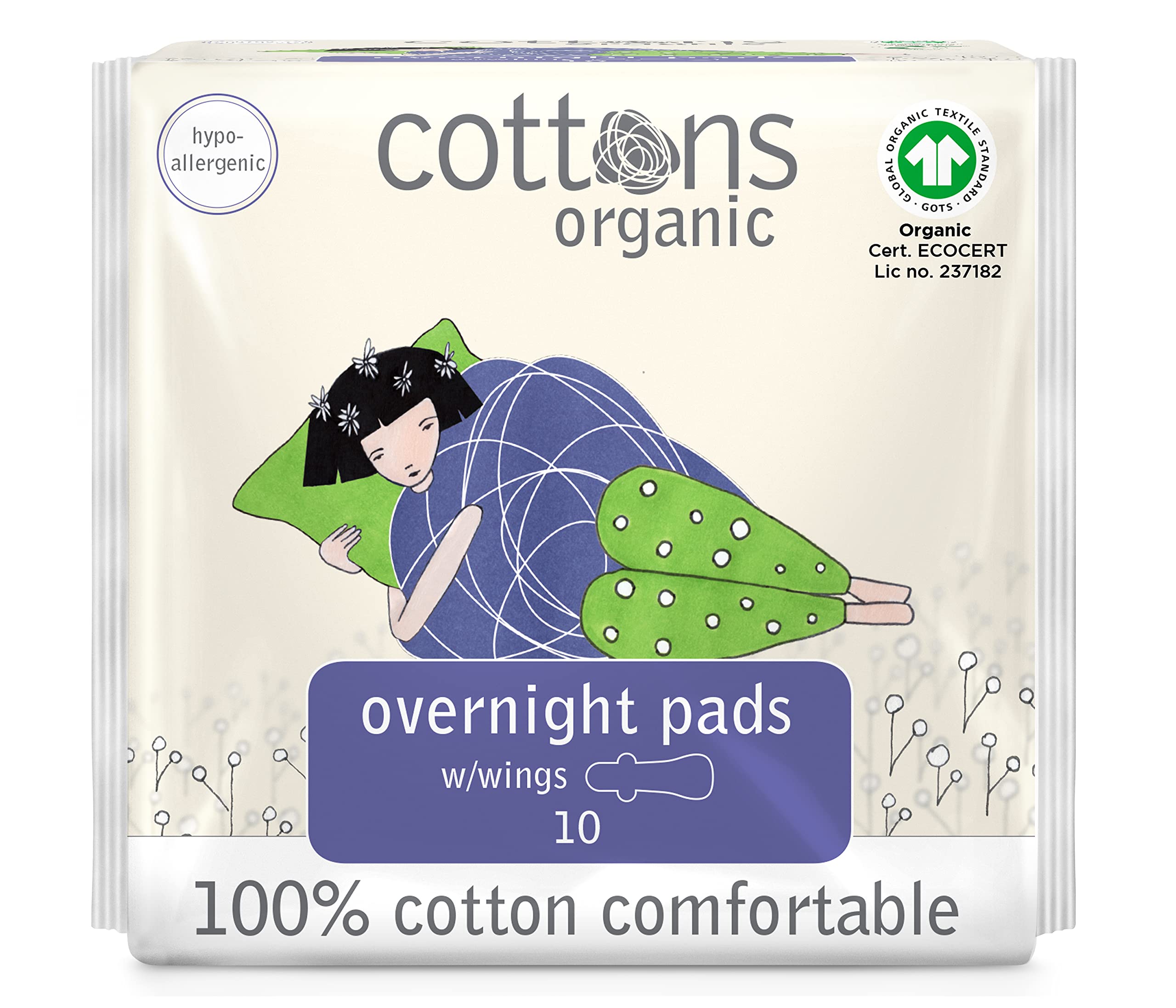 Cottons Overnight Sanitary Pads for Women, 100% Organic Cotton, Hypo-Allergenic, Breathable, Heavy Flow, 10 Count (Pack of 1)