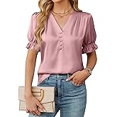 BMJL Women's Dressy Casual Satin V Neck Short Sleeve Blouse