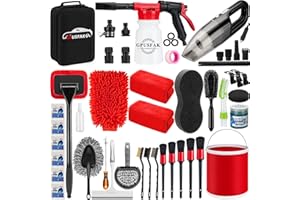 GPUSFAK 46Pcs Car Wash Cleaning Kit with Foam Gun Sprayer Detailing Brushes Car Vacuum Collapsible Bucket Windshield Cleaning Tool Tire Brush Towels Complete Interior Exterior Detailing Set for Car
