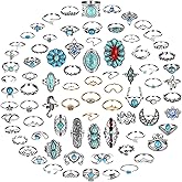 Kigeli 78 Pcs Vintage Turquoise Rings Set Women Western Bohemian Silver Oval Gemstone Boho Joint Knuckle Midi Stacking Rings for Women and Girls