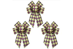 chmacura 3 Pieces Mardi Gras Wreath Bow 7.0 x 10.2 Inches New Orleans Fat Tuesday Bows Purple Golden Diamond Ribbon Bow Carnival Farmhouse Bow Tree Ornament for Home Front Door Decorations