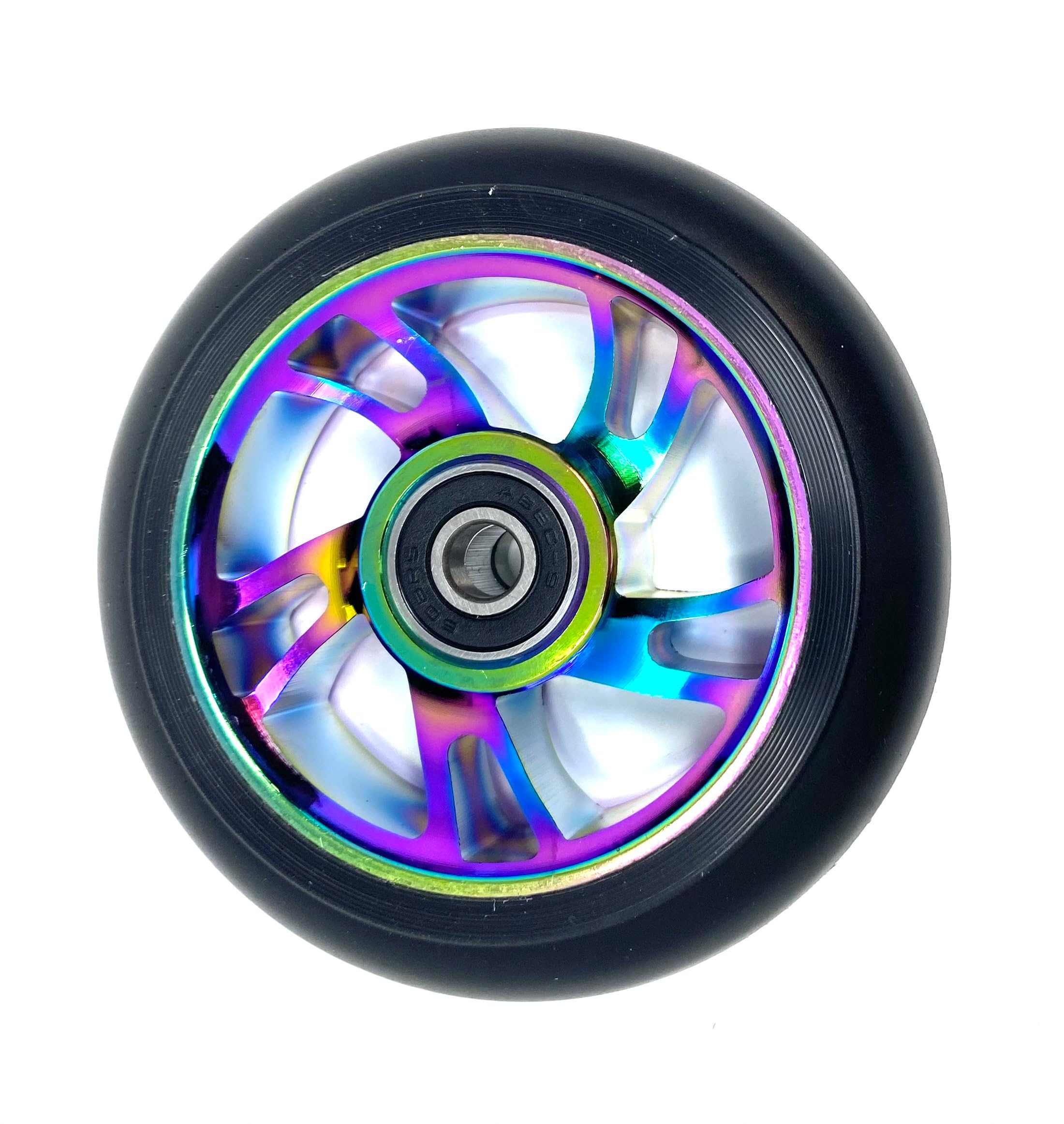 1 x Team Dogz 100mm Neo Chrome Swirl Alloy Core & Black PU Kids Stunt Scooter Single Replacement Wheel Fits MGP, Blunt, Grit, Slamm (Rainbow Core)
