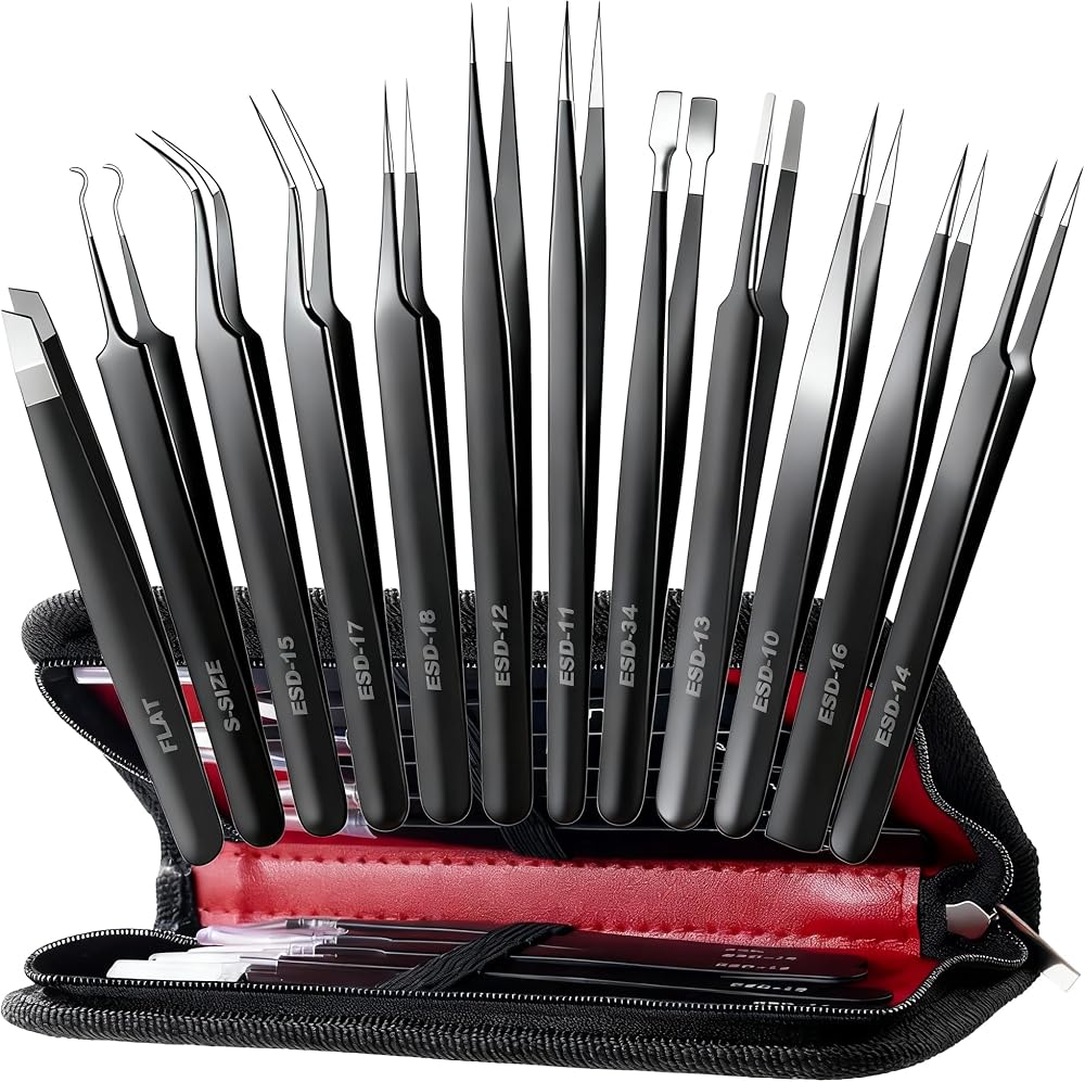 Antonki 12-in-1 Precision Metal Tweezers Set with Leather Case | High Quality, 1.5mm Thick, Strong Hardness, Rustproof, Anti-