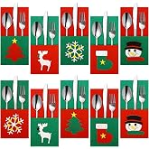 Boao 10 Pcs Christmas Silverware Holder Pockets Felt Xmas Cutlery Bags | Xmas Tree Snowman Reindeer Snowflake Stocking Designs, Felt Tableware Organizers for Holiday Dinner Party Table Decorations