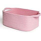 MEGASKET Pink Woven Storage Basket, Cotton Rope Gift Basket Empty, Cute Organizer for Girls, Decorative Baby Nursery Closet Bin, Pink Room Decor, Gift Ready Bin with Handle, Wicker Pet Toy Storage Box