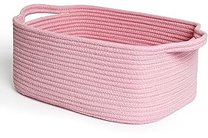 MEGASKET Pink Woven Storage Basket, Cotton Rope Gift Basket Empty, Cute Organizer for Girls, Decorative Baby Nursery Closet Bin, Pink Room Decor, Gift Ready Bin with Handle, Wicker Pet Toy Storage Box