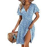 Zeagoo Womens Summer Sundress Ruffle Short Sleeve Casual Dresses V Neck Floral Wrap A-Line Party Dress with Pockets