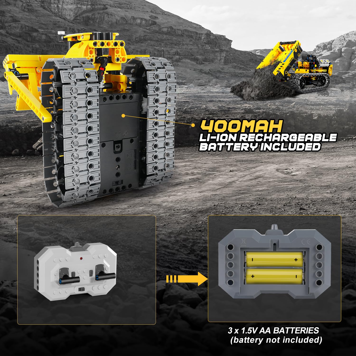 PLAXSOON Technik Ferngesteuertes Baufahrzeug Bauspielzeug mit Wiederaufladbare Akku, 3-in-1 RC STEM Bulldozer Kipplaster Klemmbausteine 452 Stück, Geschenk für Kinder Jungen ab 8-12+ Jahren 5