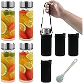 Rackickyer Borosilicate Glass Juice Water Bottles 4 Pack 16 OZ,Wide Mouth Glass Water Bottles with Lids and Sleeve,for Juicing, Smoothies, Milk, Protein, Reusable, Leak Proof, Shaker bottle