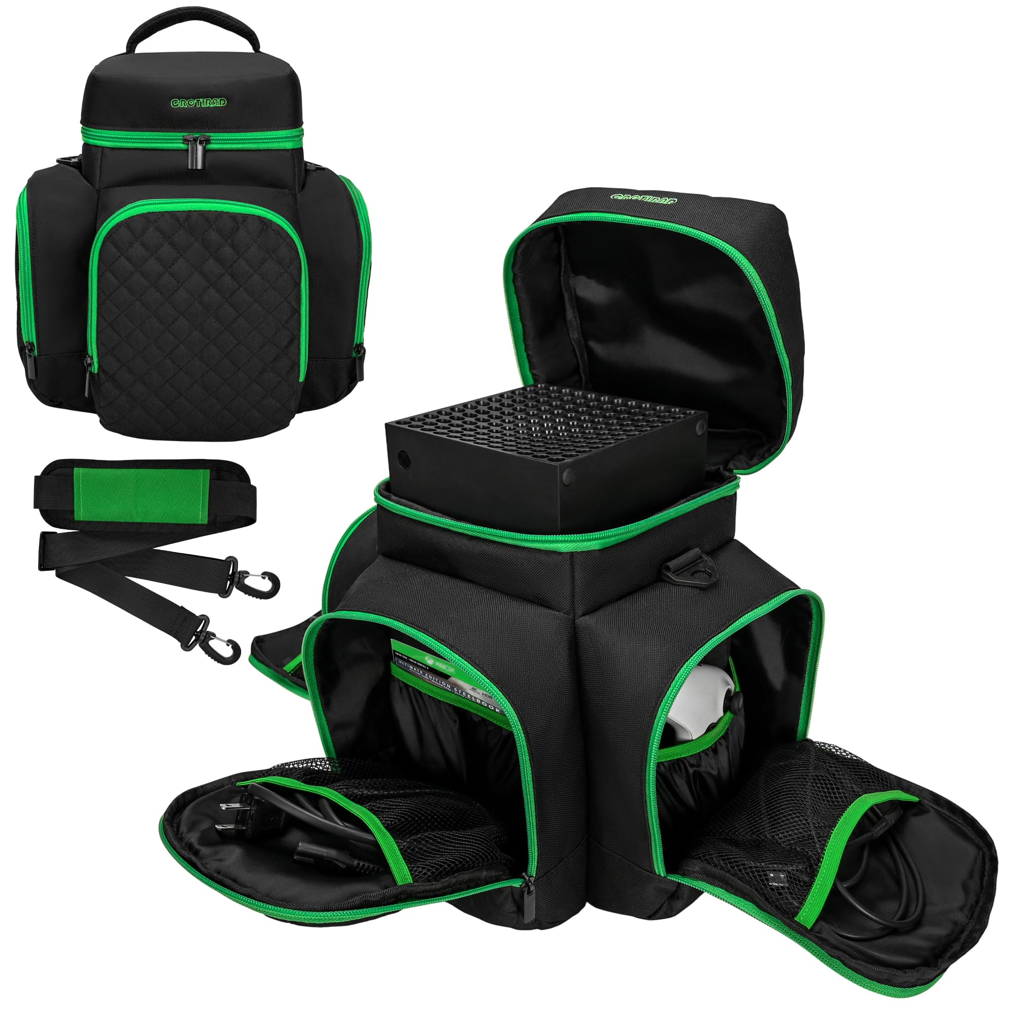 CROTIRAD Carrying Case Compatible with Xbox Series X, Travel Bag with Multiple Storage Pockets for Xbox Controllers, Headset, Game Discs, Cables and Other Accessories, Green Zip
