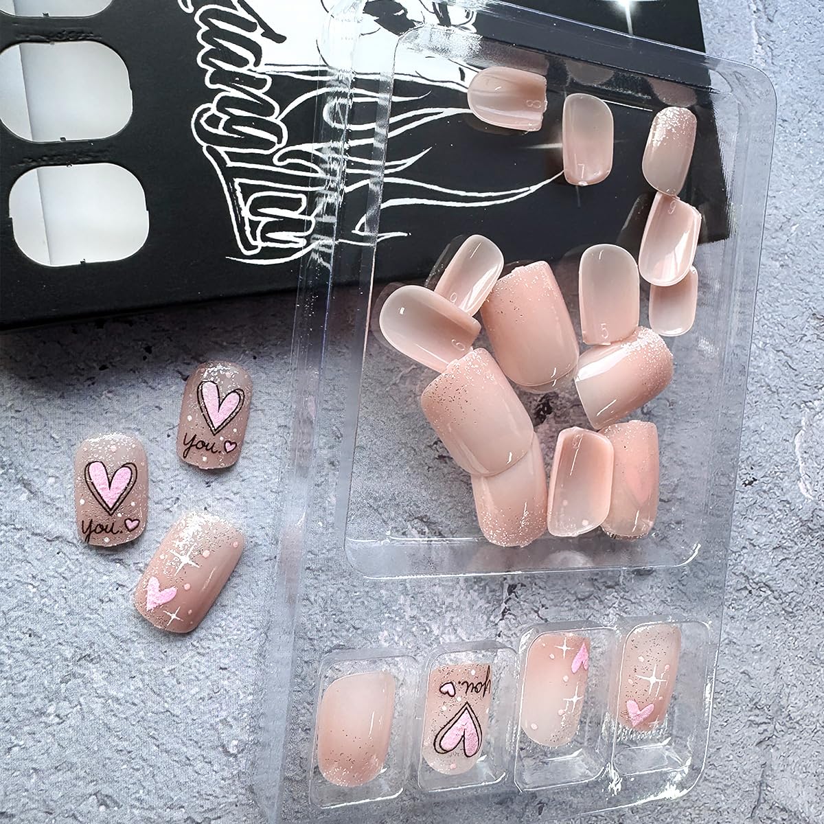 24Pcs Valentine's Press on Nails Short Square Heart Fake Nails Silver Glitter French Tip False Nails Pink Heart Artificial Nails Nude Full Cover Glue on Nails Valentines Stick on Nails for Women - Image 3