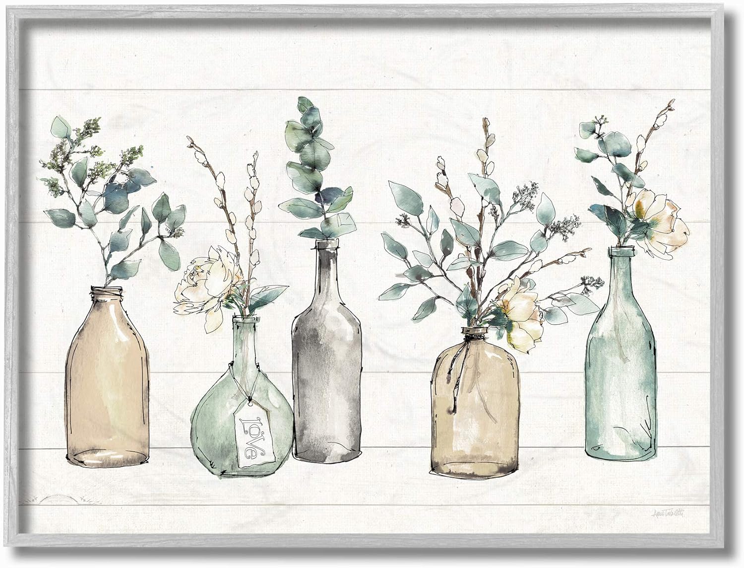 Stupell Industries Bottles and Plants Farm Wood Textured Grey Framed Wall Art, 11 x 14, Design by Artist Anne Tavoletti