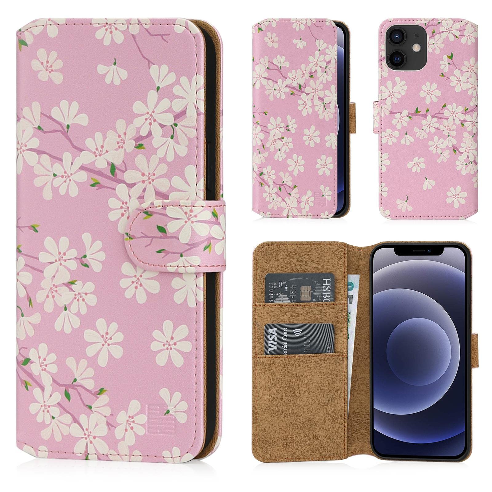 32nd Floral Series 2.0 - Design PU Leather Book Wallet Case Cover for Apple iPhone 12 (6.1") / iPhone 12 Pro (6.1"), Flower Pattern Wallet Style Flip Case With Card Slots - Cherry Blossom