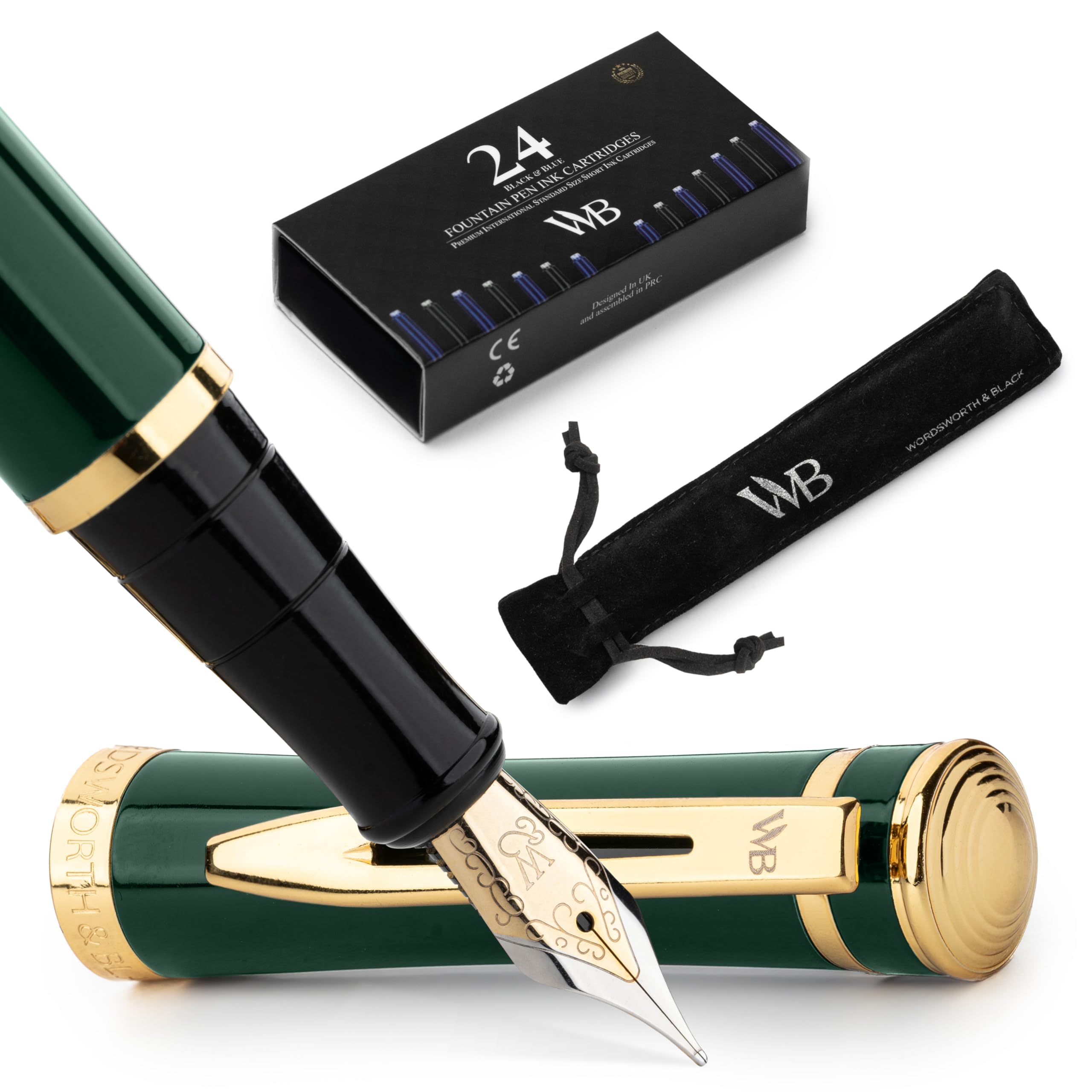Wordsworth Black Fountain Pen - Racing Green Luxury Medium Nib Set Includes 24 Ink Cartridges (Black & Blue), Refillable Ink Converter - Pens for Writing or Calligraphy
