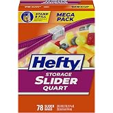 Hefty Slider Storage Bags, Quart Size, 78 Count | Bulk Pack, Quart Storage Bags for Food, Snacks, Toiletries, and More, Writable Label, Stand and Fill, Secure Slider Closure