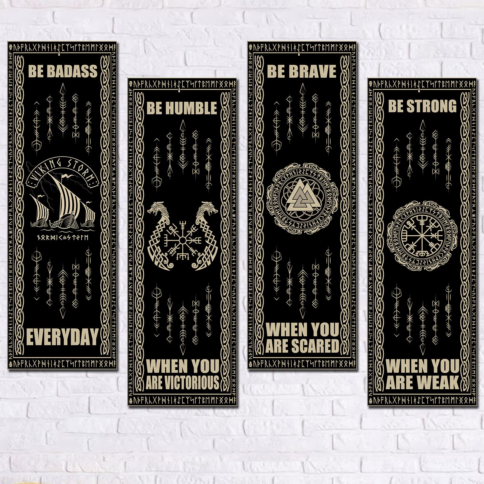 4 Pieces Wood Sign Wall Decor Nordic Vikings Celtic Drakkar Rune Wall Sign Scandinavian Vikings Boat Rustic Wooden Hanging Board Mediaeval Art for Living Room Bedroom Mythology Wood Plank Sign(Black)
