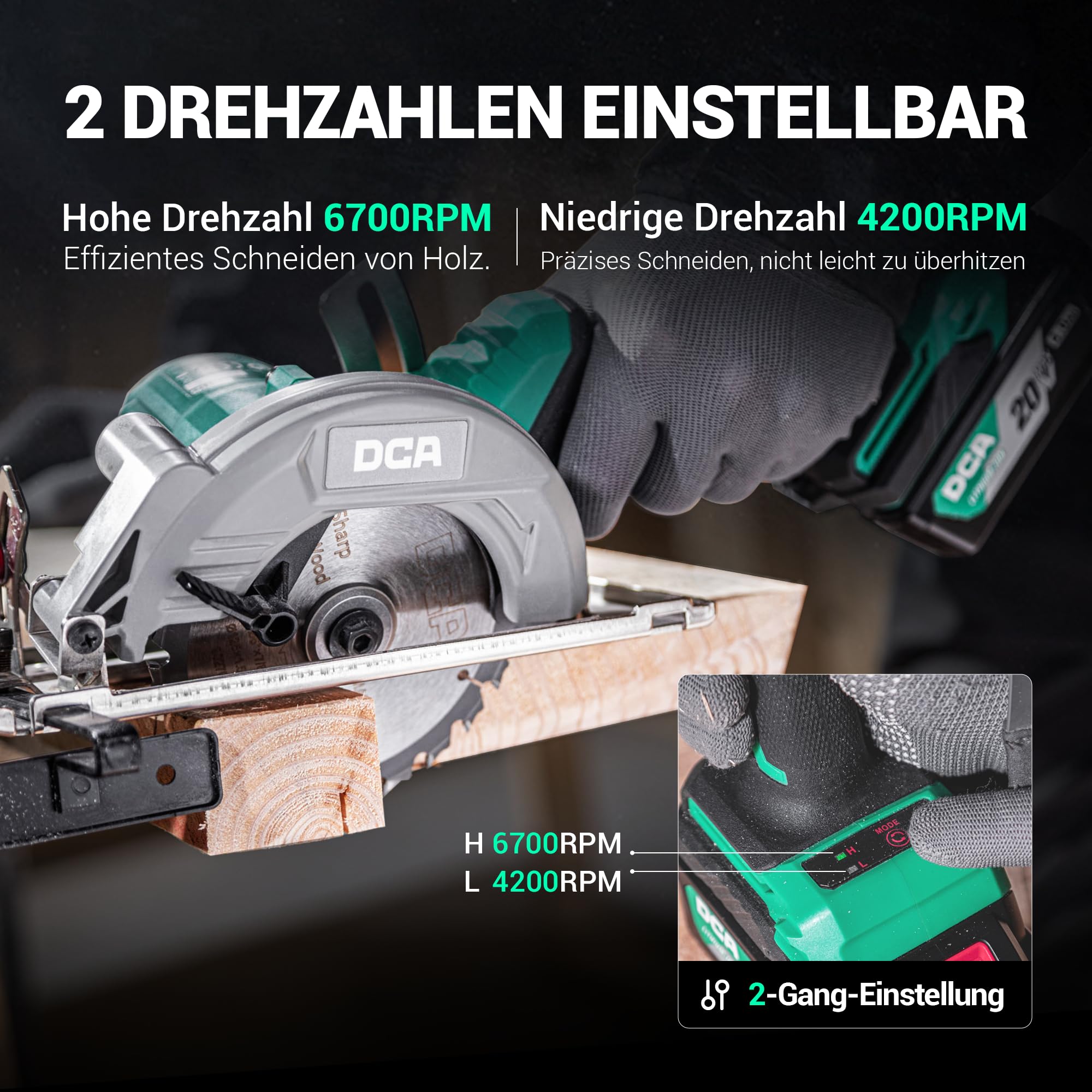 DCA Bürstenlose Akku-Handkreissäge 20V mit 4,0Ah Akku, 2-Gang 6700/4200RPM Kreissäge, 3 Sägeblatt Ø125mm mit Führungsschiene, 45mm(90°)/33mm(45°) Schnitttiefe, Mini Kreissäge für Holz, Plastik, PVC 3