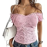 Women's Floral Lace Crop Tops Sexy Off Shoulder Puff Sleeve See Through Summer Shirts Going Out Club Coquette Clothes