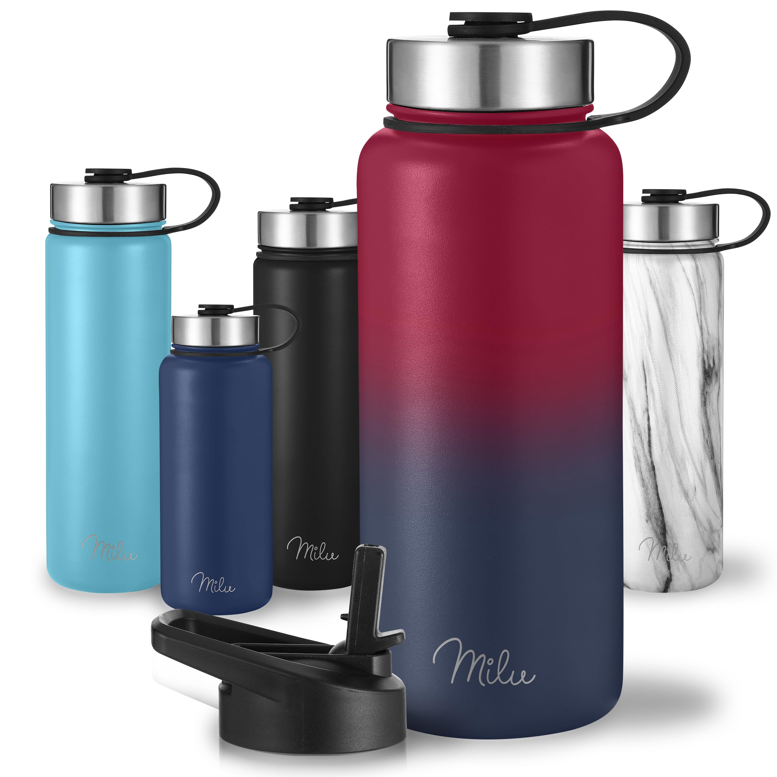 Milu Edelstahl Trinkflasche 500ml, 750ml, 1L (+3 Deckel) Thermosflasche mit Strohhalm, Isolierte Wasserflasche, Auslaufsichere Isolierflasche doppelwandig, Kohlensäure geeignet (Berry Blau, 0,5L)