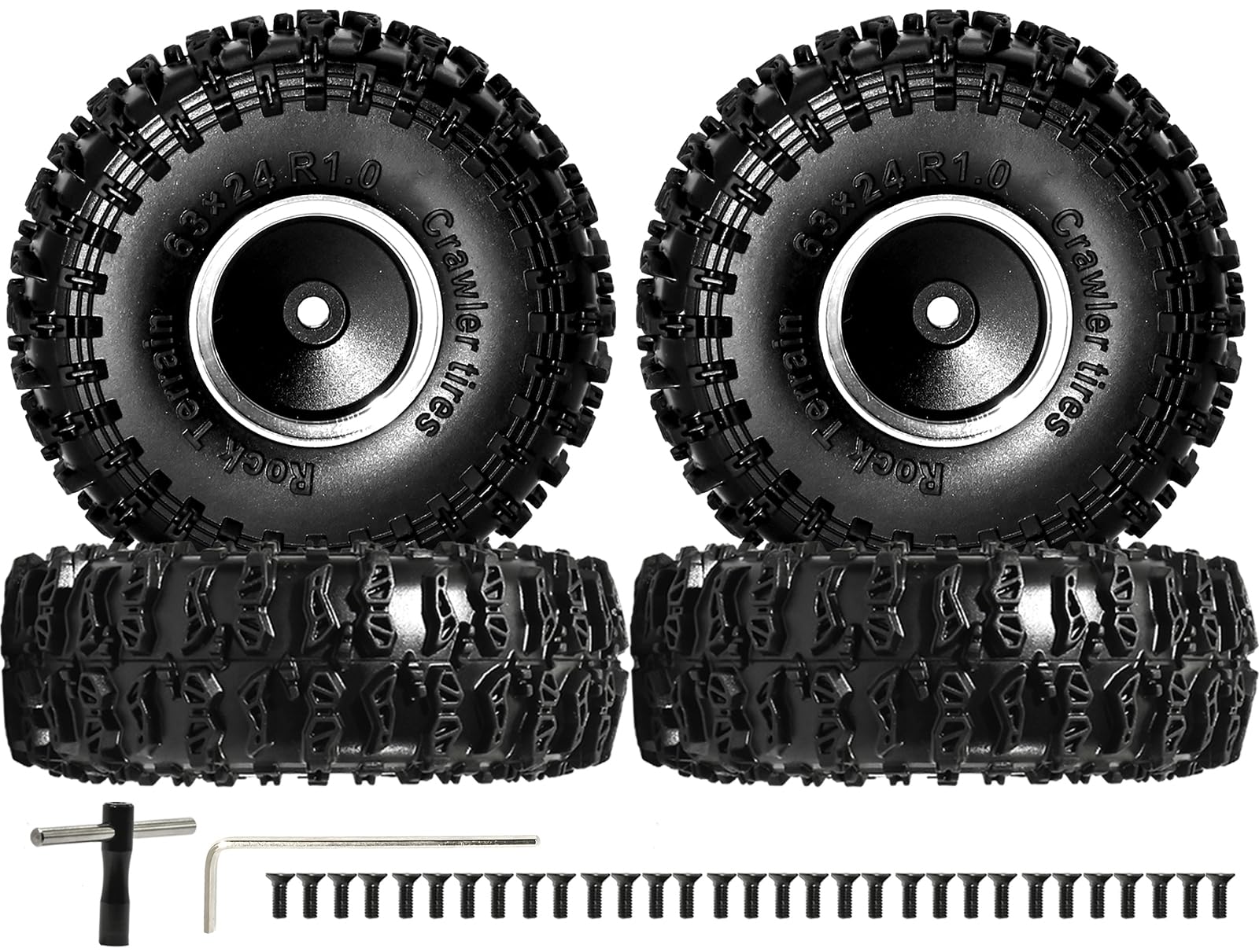 RcThjia 1.0 Wheel Tires 4Pcs/Set, Aggressive Rock Terrain Tire and Aluminum Alloy Wheels For 1/18 Traxxas TRX4M, Ford Bronco Defender, 1/24 Axial SCX24 FMS FCX24 RC Crawlers, RC Model Upgrade Off-road