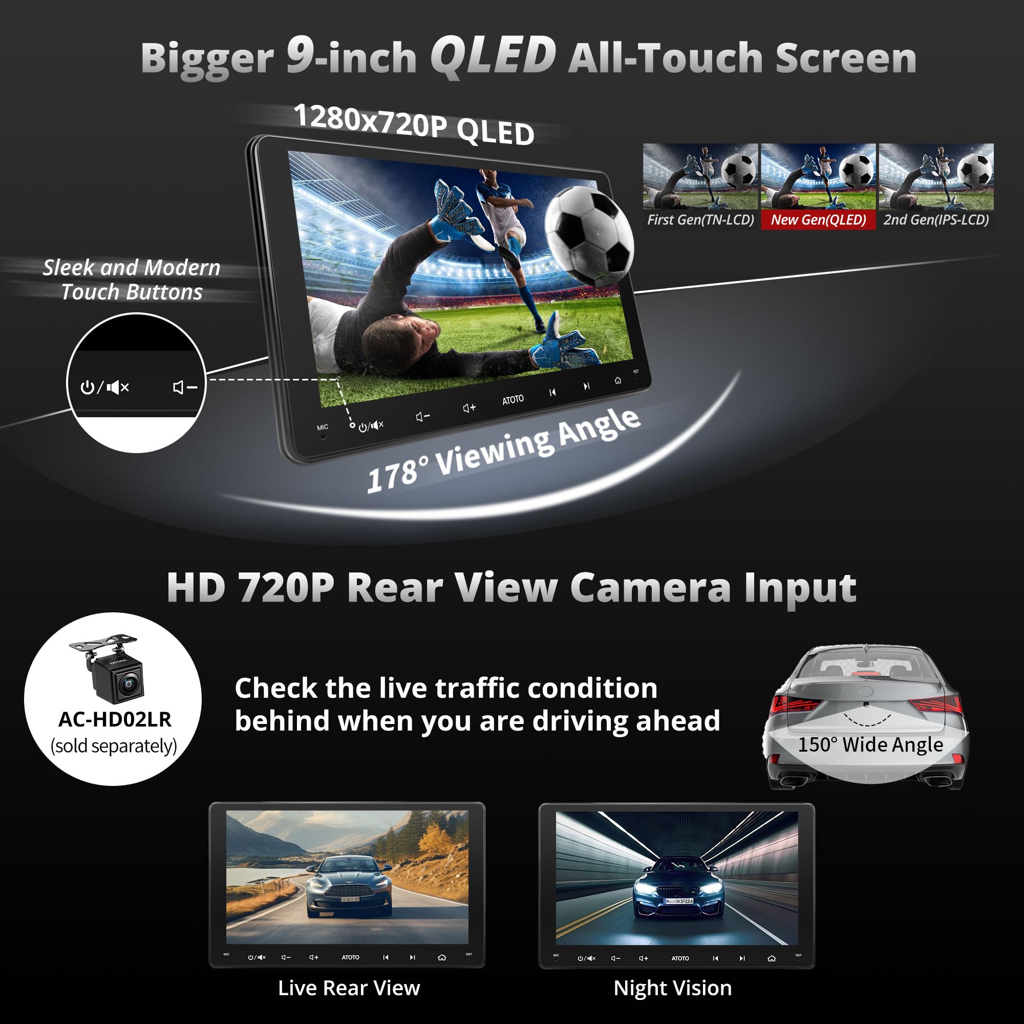 A6PF Plus 8-Core 4G+64G 9inch Android Double DIN Car Stereo, 4G LTE, WiFi/BT/USB, Wireless CarPlay & Android Auto QLED Touch Screen, Dual Bluetooth, 36-Band EQ DSP, AI Chat&GPS Tracking