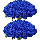 Wondrus Bulk Artificial Flowers 50 PCS, Fake Velvet Silk Blue Roses with Long Stems Realistic Bouquet for Wedding Centerpieces, Faux Arrangement for Home Table Decor