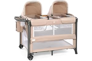 JOYMOR Twin Bassinet for Baby, Beige Bedside Bassinet, Convertible to Bedside Sleeper and Playpen, with Wheel, Brake, Foldable Side Sleeper,Beige