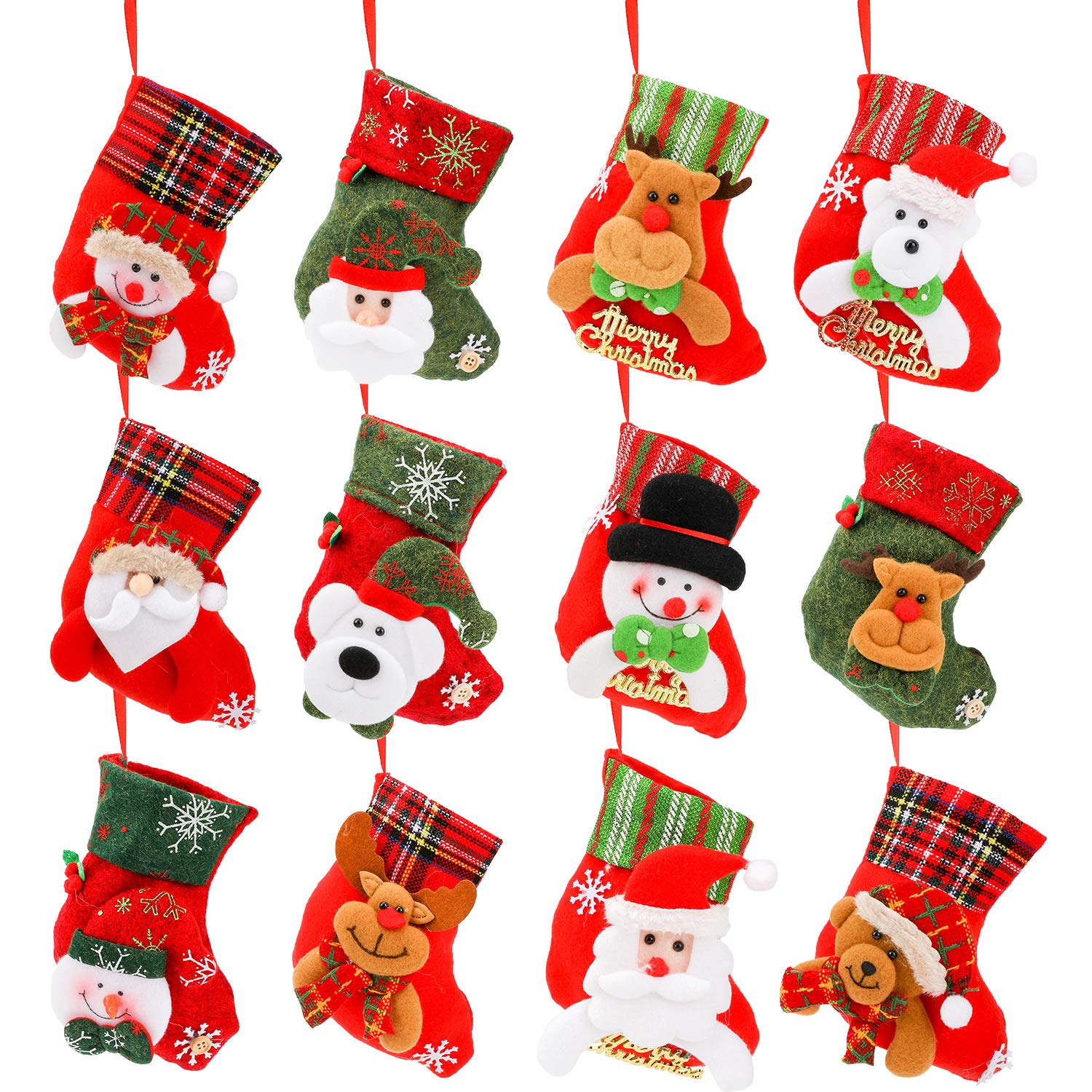Qpout Mini Christmas Stockings - 12 Pcs Gift Treat Bags with Santa, Snowman, Reindeer, Bear Designs for Xmas Party Gift Filler & Tree Decorations