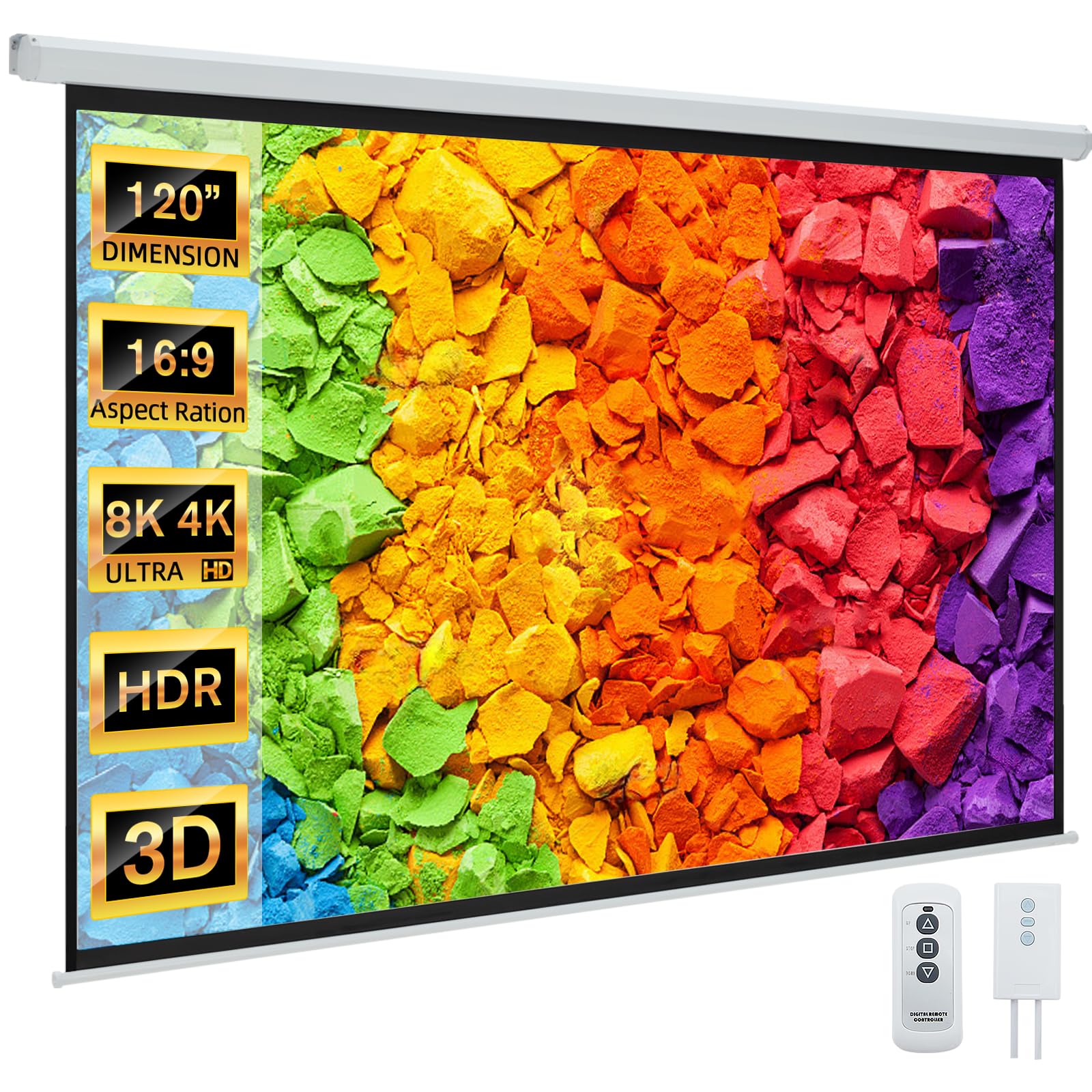 Photo 1 of *** MINOR DAMAGE***YODOLLA 120" Projector Screen Motorized 16:9, 4K HD Pull Down Retractable Projection Screens Electric Automatic Wall Ceiling Movie Screen for Office Classroom Indoor with Remotes