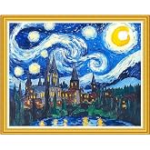 Fanxvivy Stamped Cross Stitch Kits for Beginners Full Range of Cross Stitching Preprinted Embroidery Kits for Adults, 11CT Embroidery Pattern Needlepoint Kits-Van Gogh Starry Sky Castle 16x20 inch
