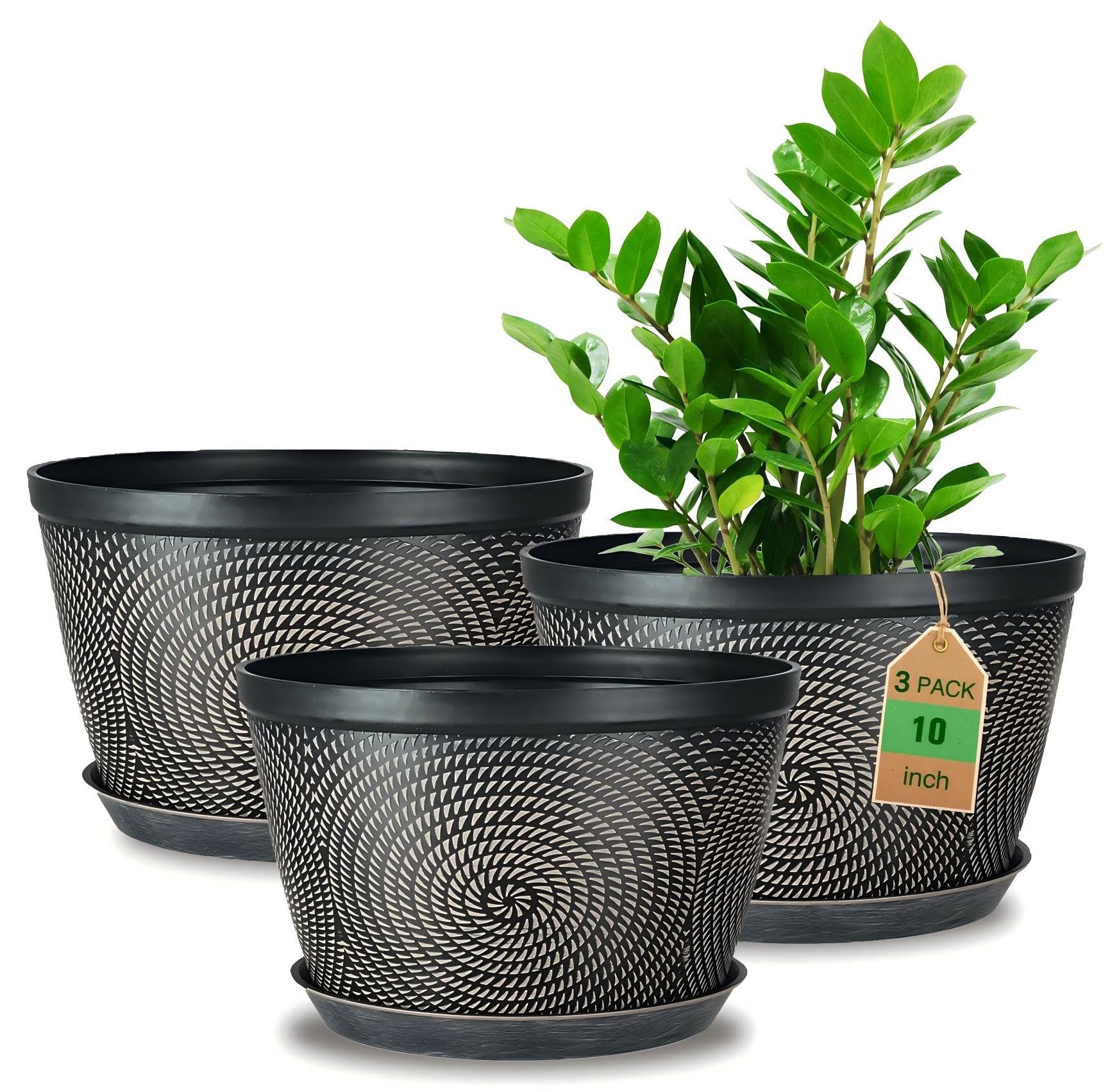 Photo 1 of Quarut 10 Inch Flower Pots for Outdoor Indoor, 3 Pack Plastic Plant Pots with Drainage Hole & Tray, Modern Decorative Garden Pot with Saucer, planters for House (Black Copper)