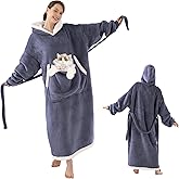 Wearable Blanket Hoodie with Cat Pouch, Gifts for Women Mom Girlfriend Pet Lovers, Extra Soft Sherpa Fleece & Cozy Flannel Blanket Sweatshirt, Gray Purple
