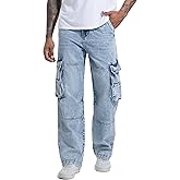 MZNBURAM Men's Non-Stretch Loose Fit Wide-Leg Baggy Cargo Jeans Pants