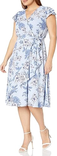 Jessica Howard Women's Butterfly Sleeve Dress with Ruffle Wrap Skirt and Tie Sash