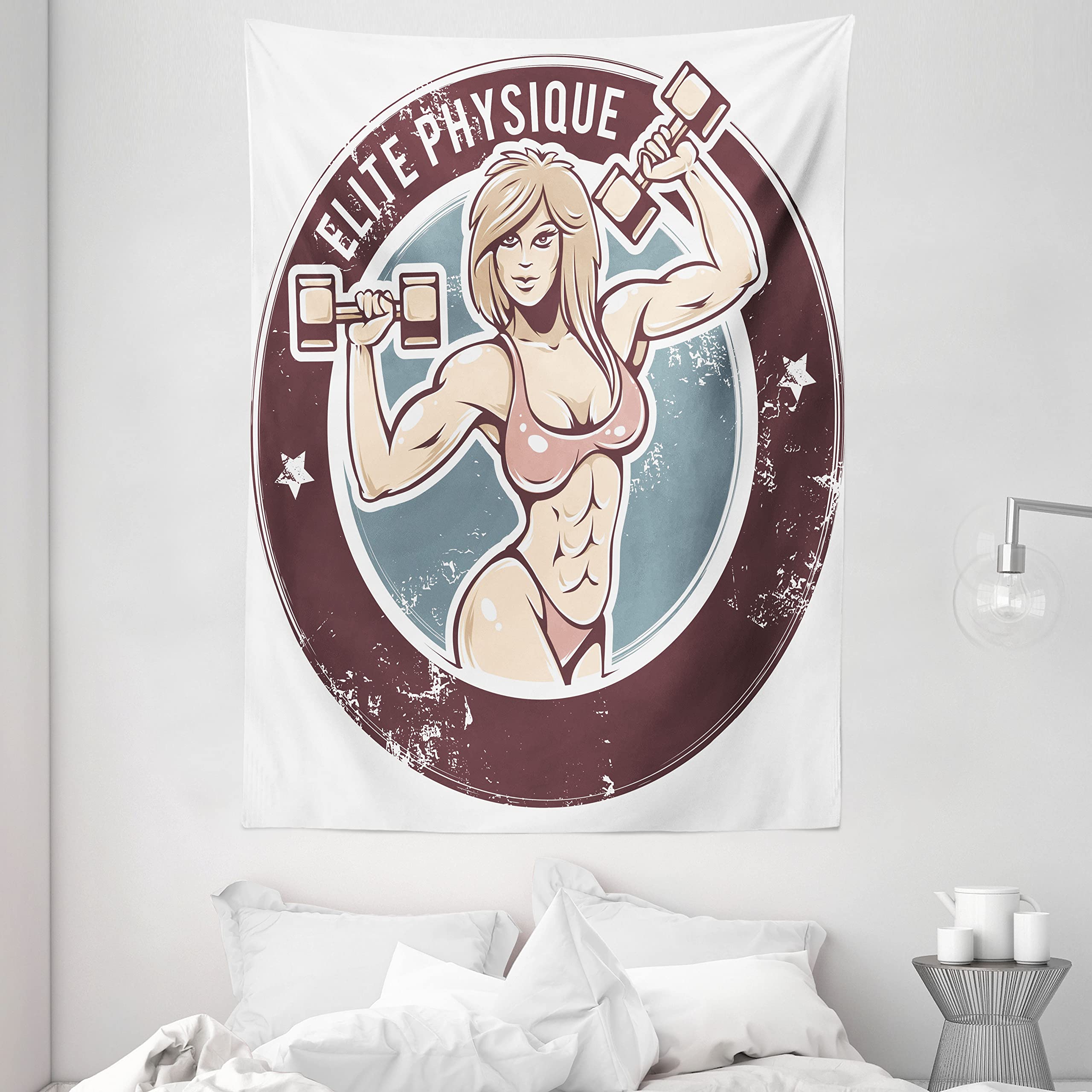 ABAKUHAUS Fitness Tapestry, Retro Design Gym Woman Round Layout, Wall Hanging for Bedroom Living Room Dorm, 60 W X 80 L, Dark Warm Taupe Slate Blue and Beige