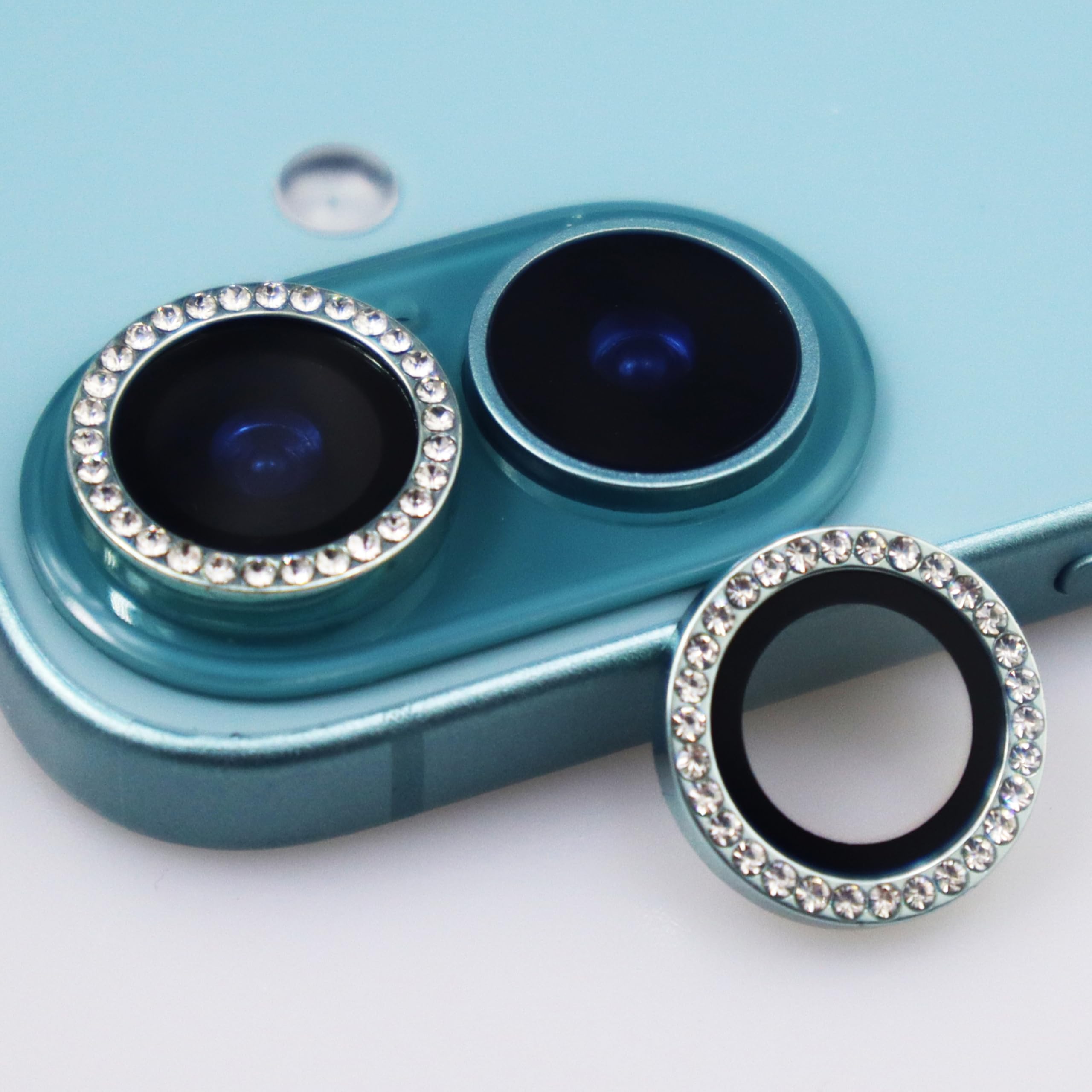 Photo 1 of BONVAN for iPhone 16/16 Plus Camera Lens Protector Bling Glitter Diamond Metal Crystal Tempered Glass Screen Accessories Rhinestones Lens Cover for iPhone 16 / 16Plus (Diamond Green)