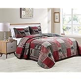 Rugs 4 Less Rustic Log Cabin Lodge Quilted Grey Charcoal Deep Red Reversible Plaid Bear Patchwork Bedspread Coverlet Bedding Set - Plaid Bear (King/Cal-King)