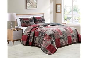 Rugs 4 Less Rustic Log Cabin Lodge Quilted Grey Charcoal Deep Red Reversible Plaid Bear Patchwork Bedspread Coverlet Bedding Set - Plaid Bear (Twin),Grey,red