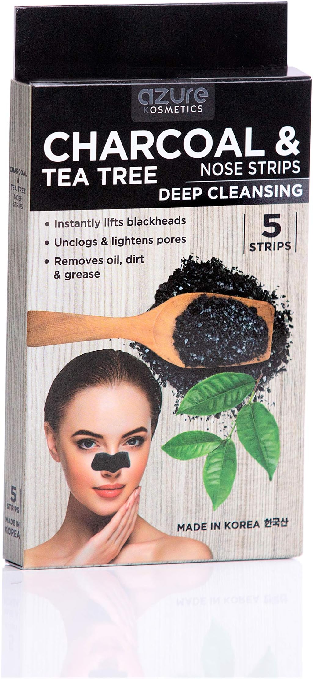 AZURE Charcoal & Tea Tree Oil Luxury Cleansing Nose Strips – Detoxifying, Cleansing & Wrinkle Reducing | Unclogs & Minimizes Pores | Removes Blackheads, Oils, Dirt & Grease | Made in Korea - 5 Pairs