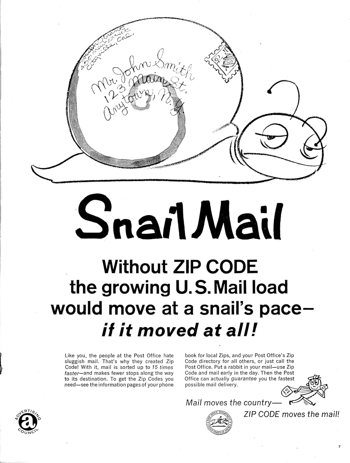 1968 Snail Mail-USPS -Post Office Zip Code Mail-Original 13.5 * 10.5 Magazine Ad