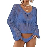 Bsubseach Womens Crochet Crop Top Beach Swimsuit Cover Up Long Sleeve Hollow Out Bathing Suit Cover Ups