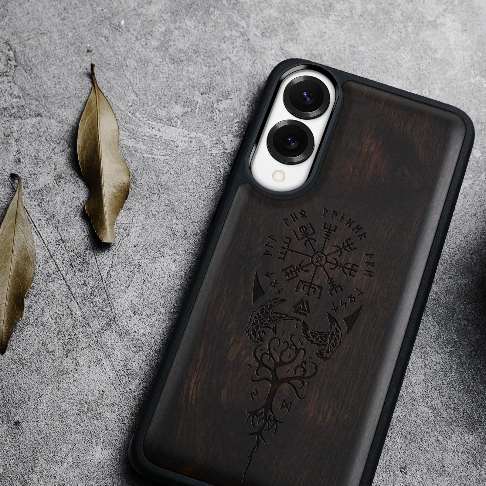 Carveit Holz Cover für Samsung S25 Edge hülle, Handyhülle kompatibel MagSafe Silikon Stoßfeste Case, Magnetisch Hull für Galaxy S25 Edge Handyhulle（Dunklesholz-Wikingerkompass Vegvisir） 4