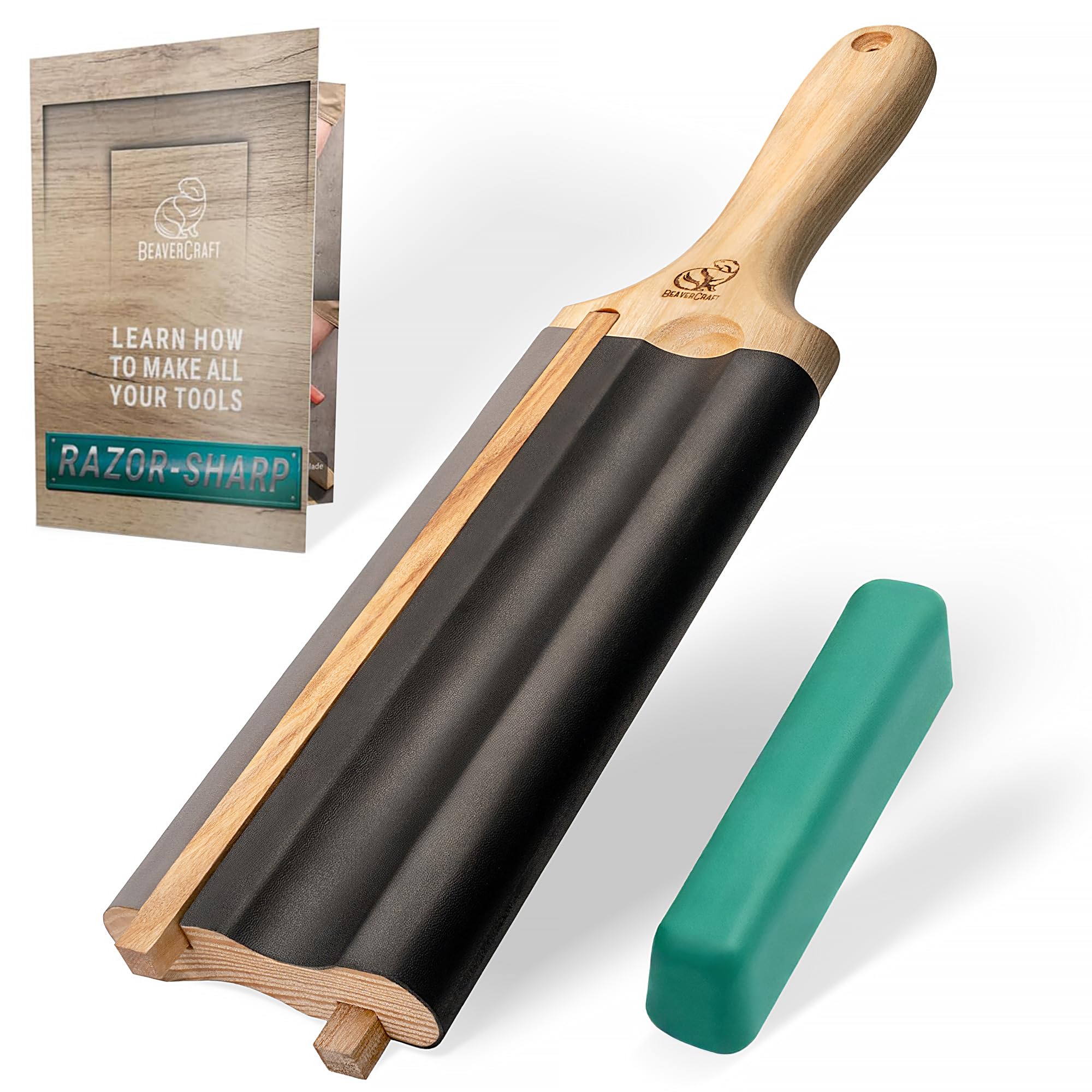 Photo 1 of BeaverCraft LS5P1 Wood Carving Strop Wood Carving Gouge Hook Knife Sharpening Honing Tools Strop Stropping Kit Leather Paddle Strop Spoon Carving Tools Sharpening Kit Sharpener with Polishing Compound