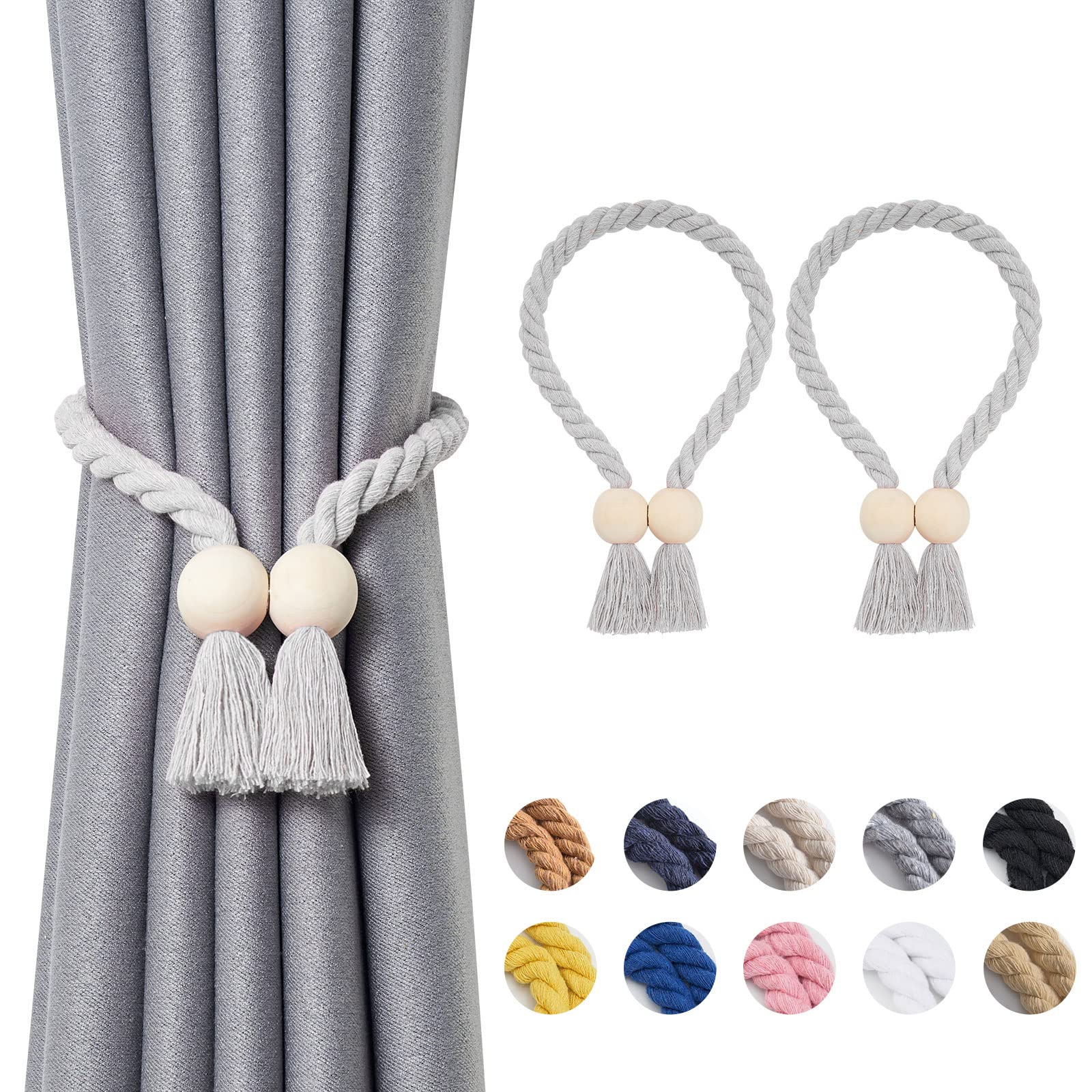 Pretty Jolly 2 Pack Wooden Ball Magnetic Curtain Tiebacks Boho Home Decor Drape Tie Backs Natural Cotton Hand Woven Rope Curtain Holdbacks for Thin & Thick Home & Office Window Draperies (Light Grey)