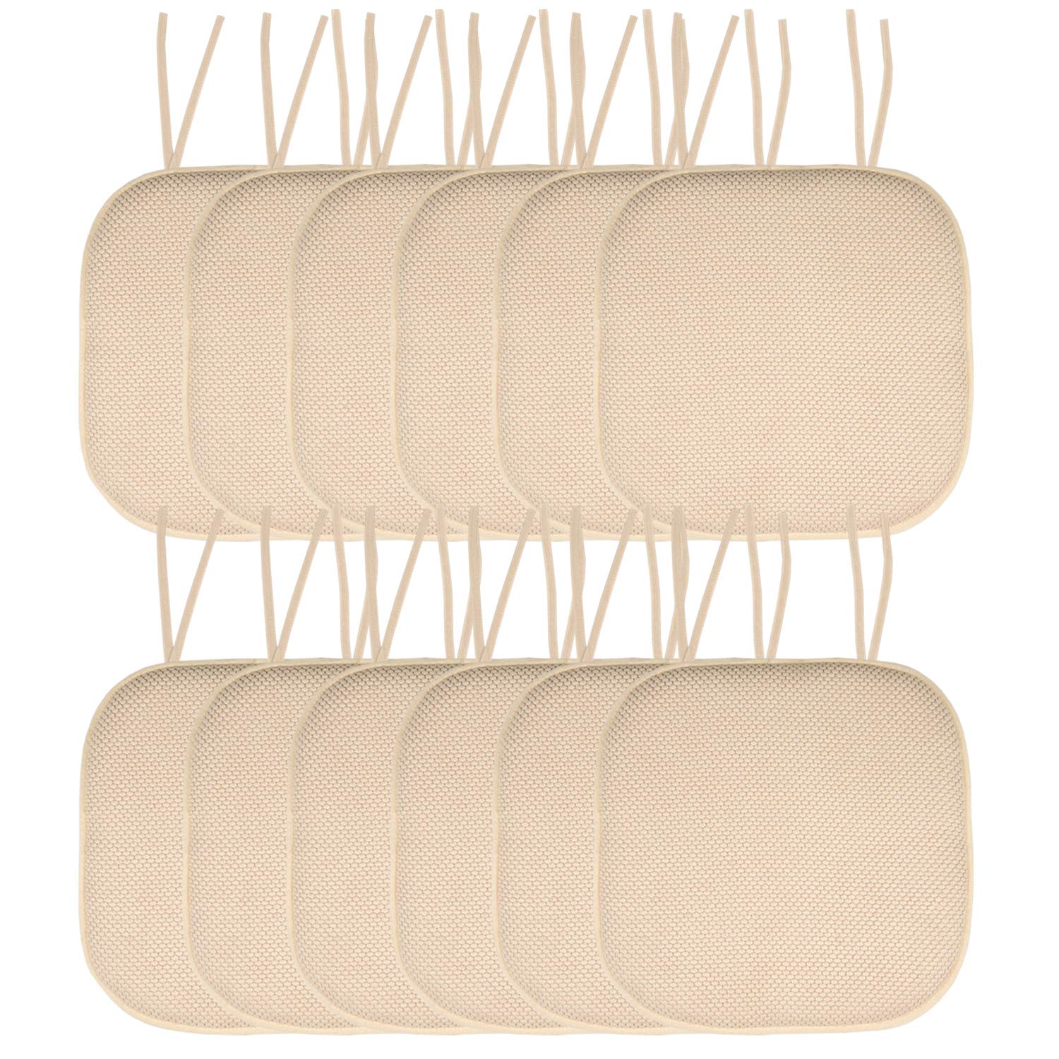 Sweet Home Collection Chair Cushion Memory Foam Pads with Ties Honeycomb Pattern Slip Non Skid Rubber Back Rounded Square 16" x 16" Seat Cover, 12 Pack, Linen 12 Pack Image