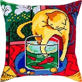 Brvsk Artistic Embroidery Kit for Adults and Beginners &mdash; Cat with Fish 16&Prime;&thinsp;&times;&thinsp;16&Prime; with Clear, Precise Printed Design on Cotton Canvas; Includes 2 Needles, Yarn, and Easy-Read Chart