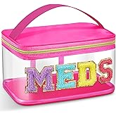 Geetery Chenille Letter Bag, Meds Cheer Travel Cases Cheerleader Gifts Cosmetic Bag Nylon Makeup Portable Preppy Patch with Zipper Toiletry Storage Case for Women(Hot Pink,Meds)
