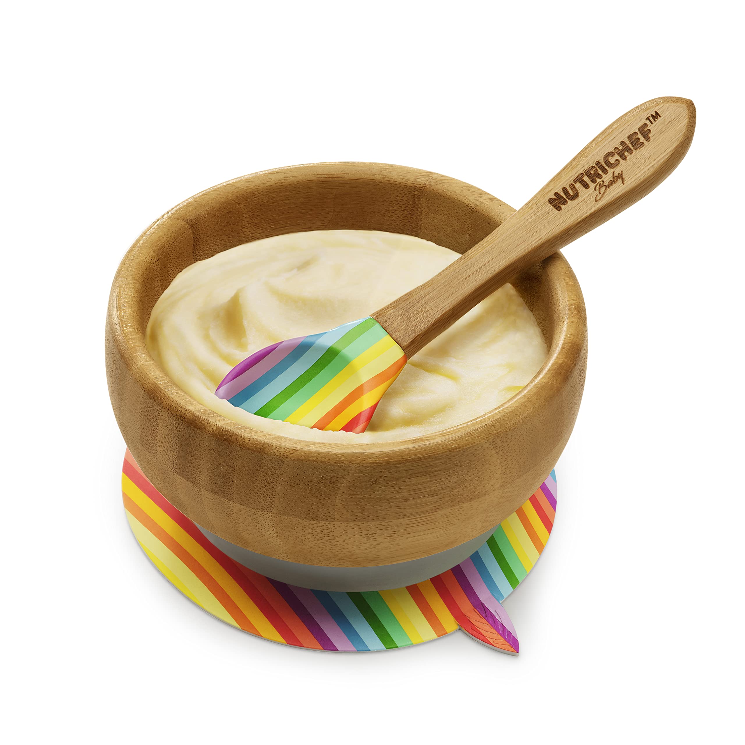 NutriChef Bamboo Baby Feeding Bowl - Wooden Infant Toddler Dish and Spoon Set w/Silicone Suction Base for Stay Put Eating, For Children Aged 4-72 Months (Stripe Bowl)