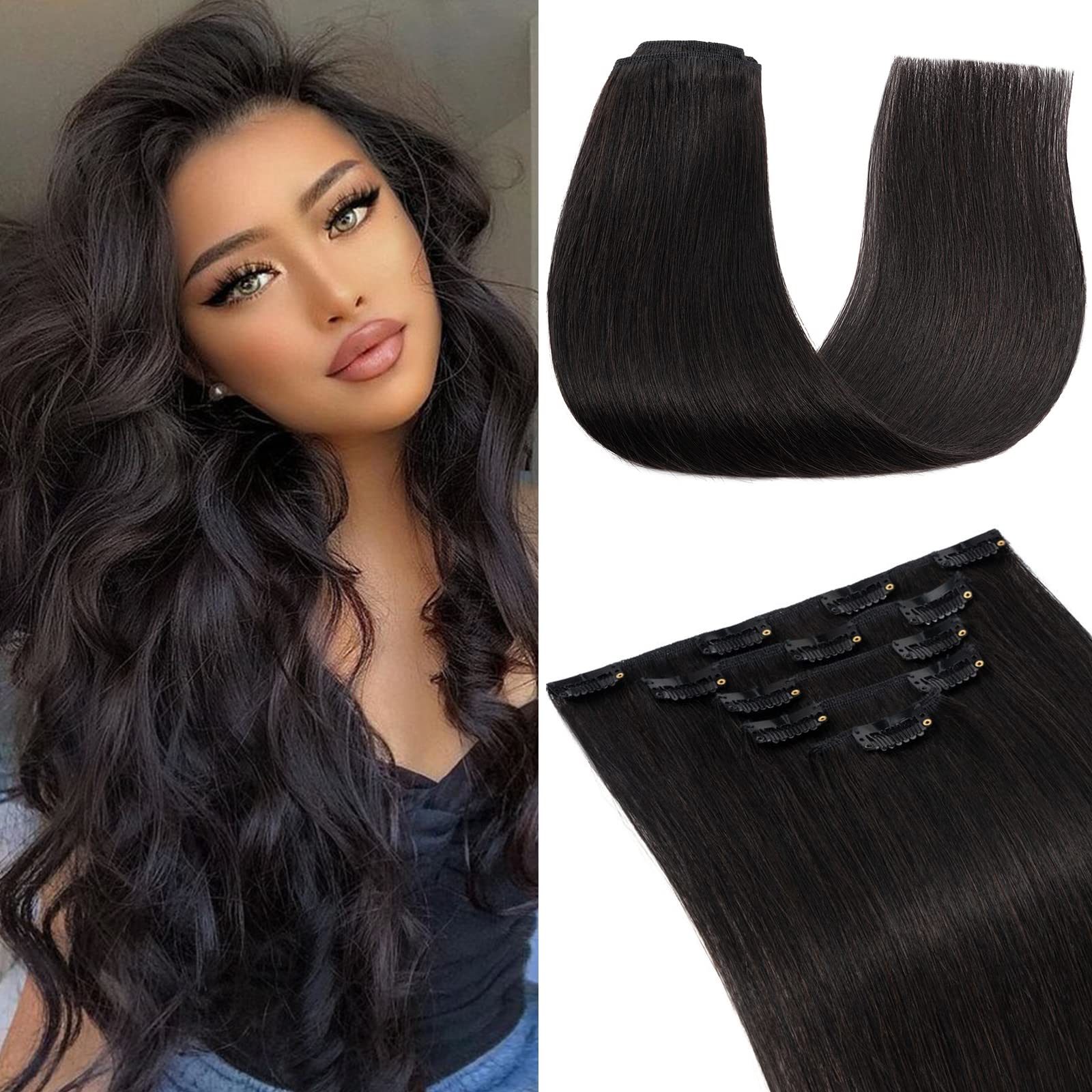 S-noilite Clip in Hair Extensions Real Human Hair Natural Black, 5Pcs 12 Clips Remy Natural Hair Extension Seamless Clip in Hair Extensions for Women 18 Inch(70g)